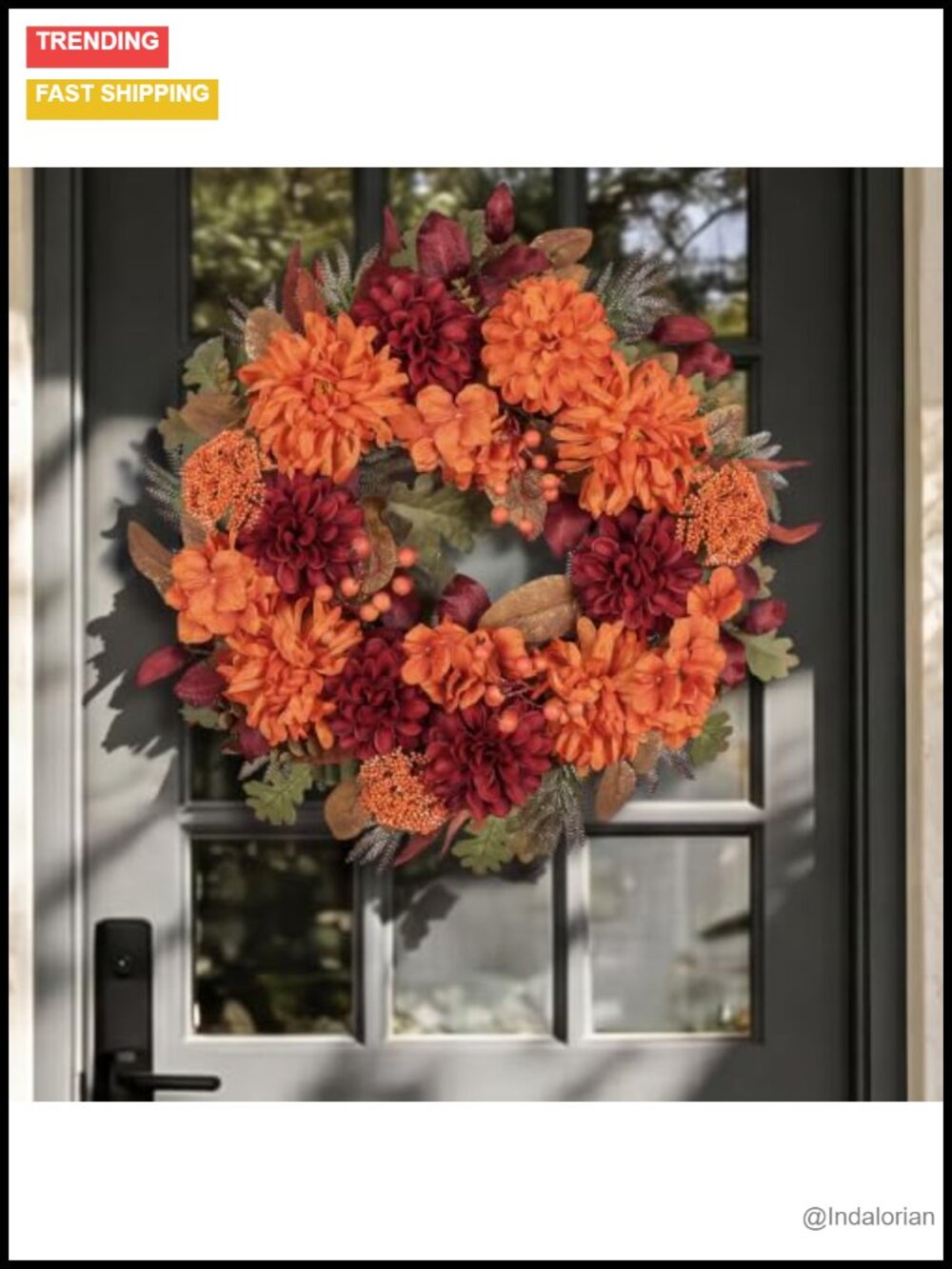 24 Inch Handmade Fall Floral Wreath Dahlias Hydrangeas Berries Maple Leaves